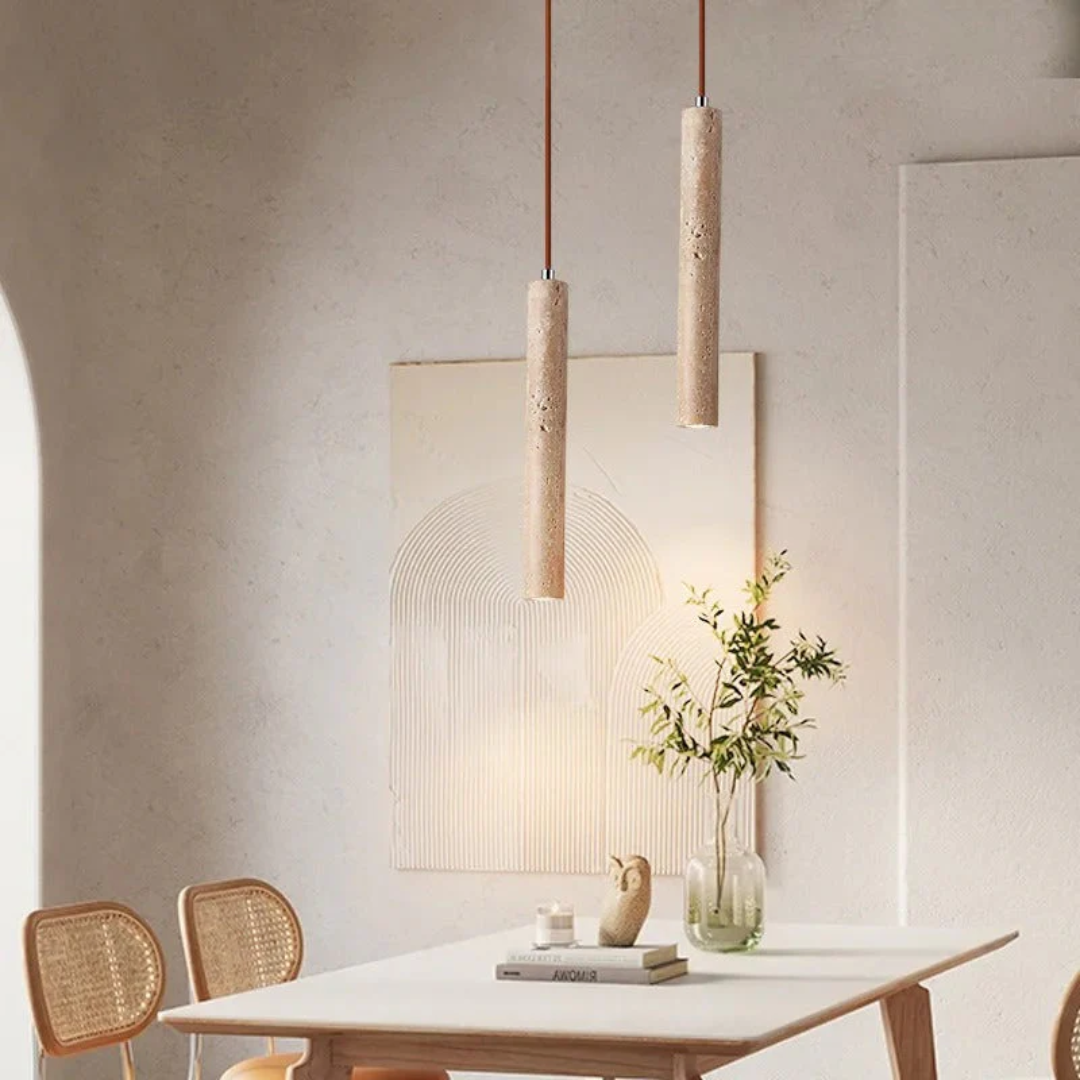 Textured natural travertine Wabi-Sabi LED chandelier, bringing minimalist luxury to modern interiors.