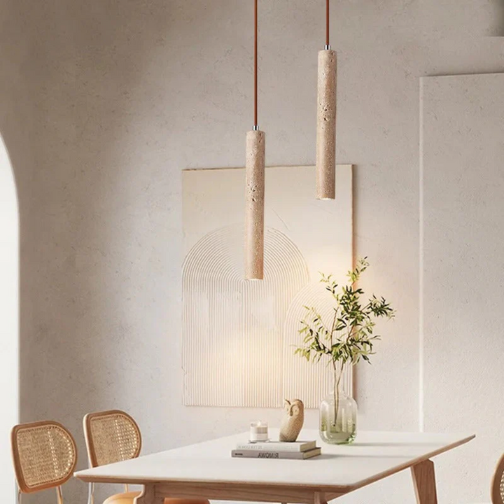 Textured natural travertine Wabi-Sabi LED chandelier, bringing minimalist luxury to modern interiors.
