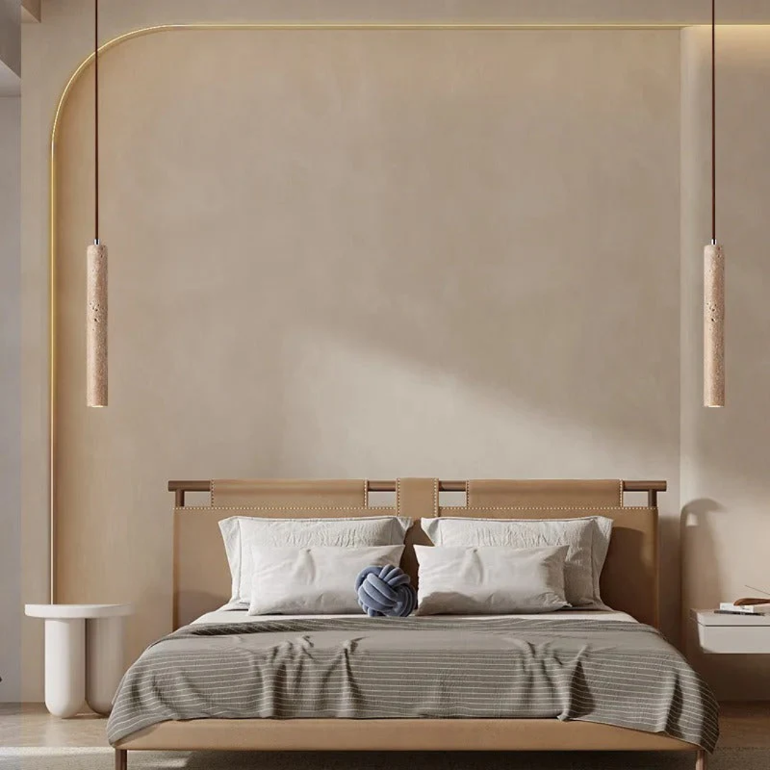 Modern LED chandelier with raw travertine stone in a Wabi-Sabi minimalist design, perfect for luxury homes.