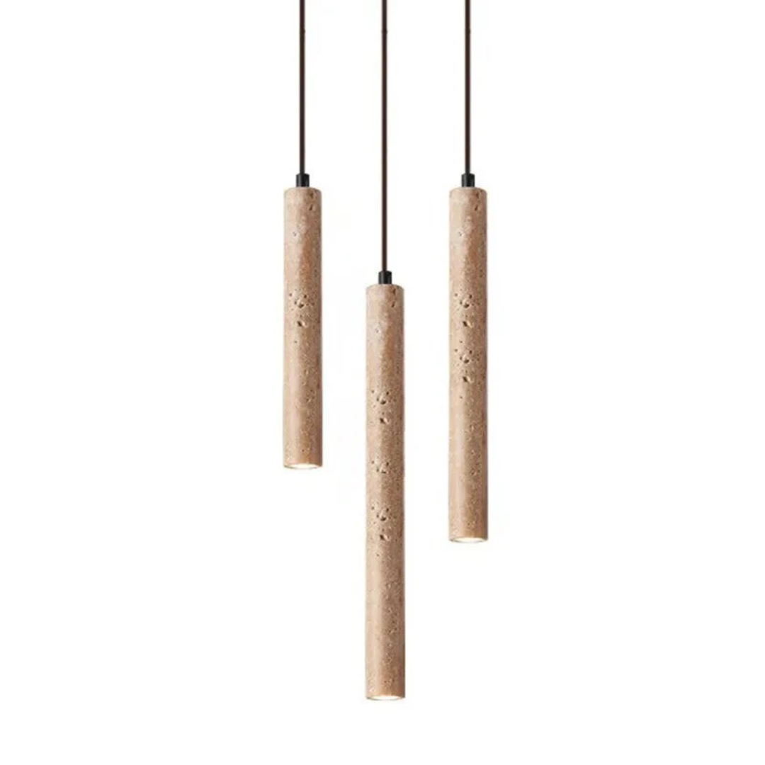 Sleek minimalist LED chandelier made from authentic travertine, a modern decor statement light fixture.