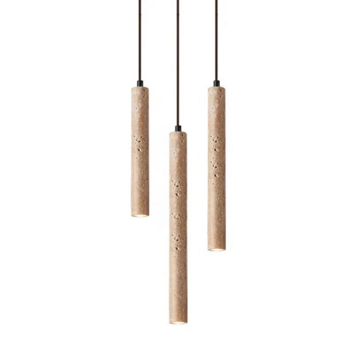 Sleek minimalist LED chandelier made from authentic travertine, a modern decor statement light fixture.