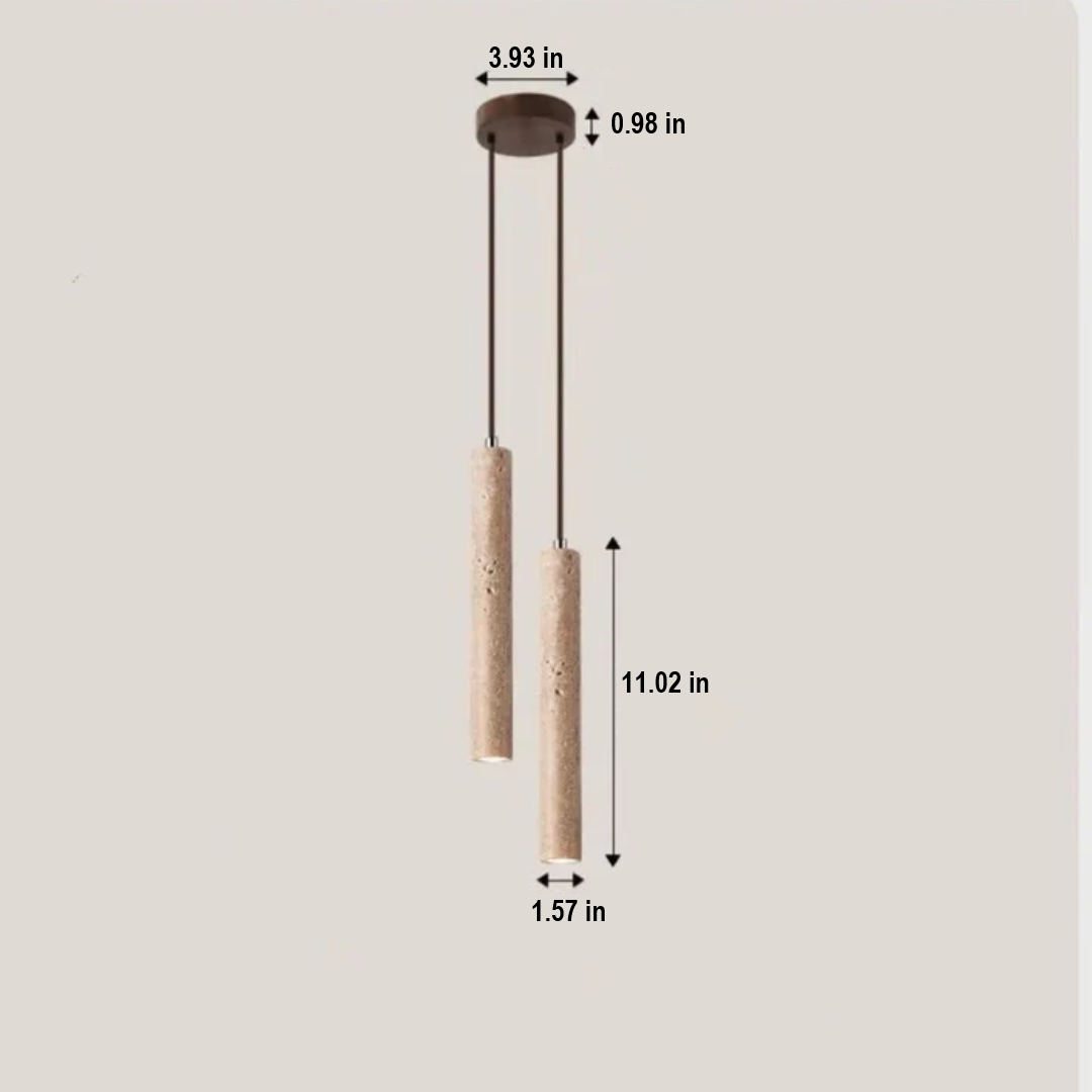 Illuminated minimalist travertine Wabi-Sabi LED chandelier, casting warm light, enhancing modern living spaces.