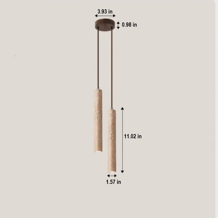 Illuminated minimalist travertine Wabi-Sabi LED chandelier, casting warm light, enhancing modern living spaces.