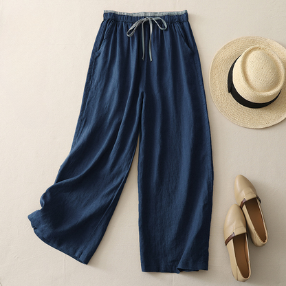 Close-up of women's relaxed fit pull-on wide-leg pants, ideal for everyday chic and comfortable fashion.