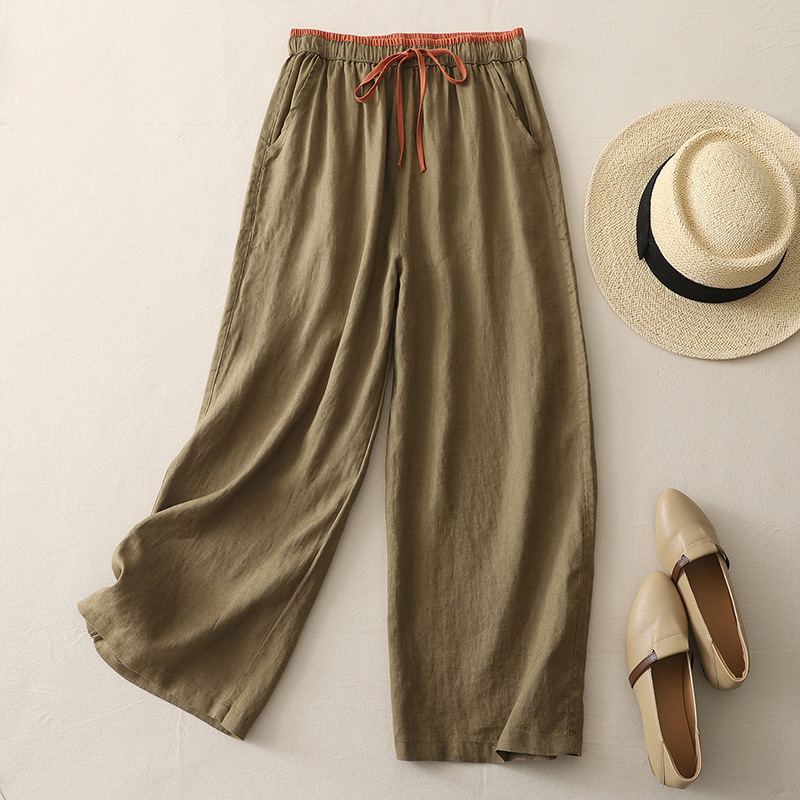 Detail shot of soft, flowy wide-leg casual pants for women, highlighting their comfortable, relaxed fit and style.