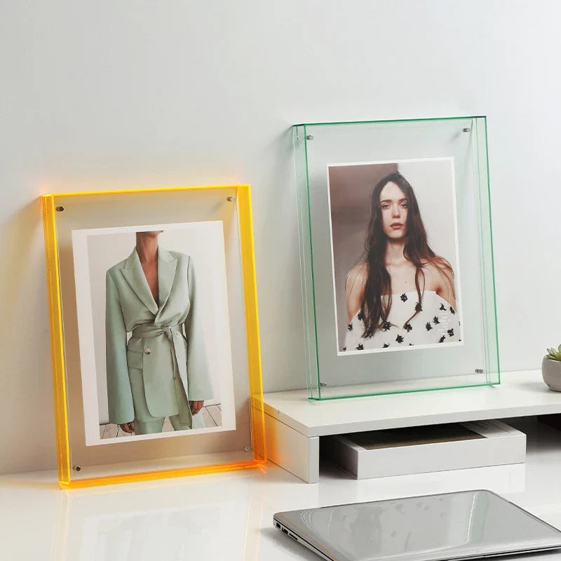 Modern acrylic photo frame with vibrant multi-color edges, perfect for contemporary wall decor & home accents.