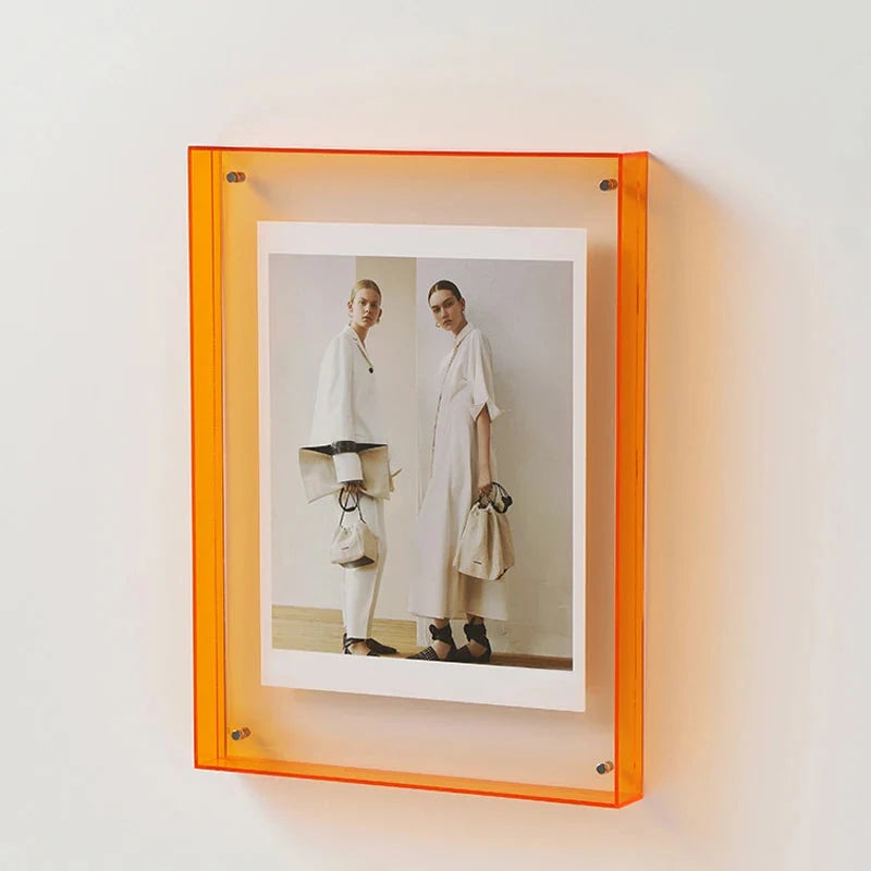 Contemporary acrylic photo frame with vivid, colorful edges, enhancing any wall as a striking decor piece.
