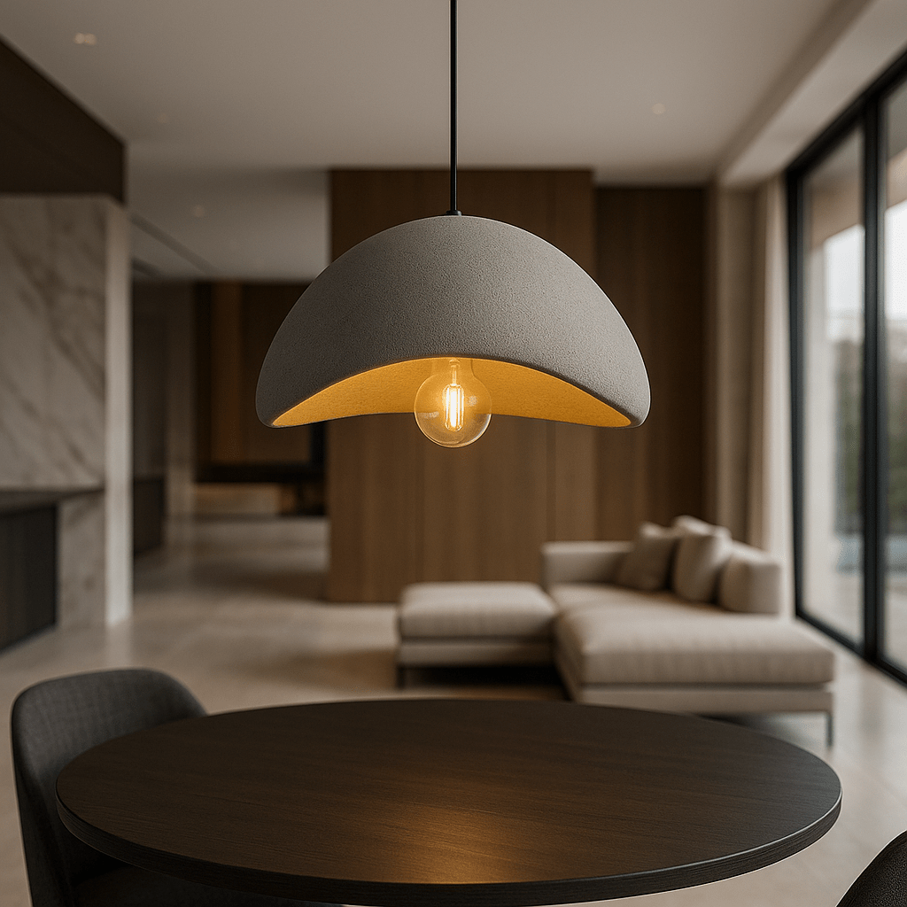 Adjustable height LED pendant light, dimmable, contemporary interior ceiling fixture for modern living rooms.