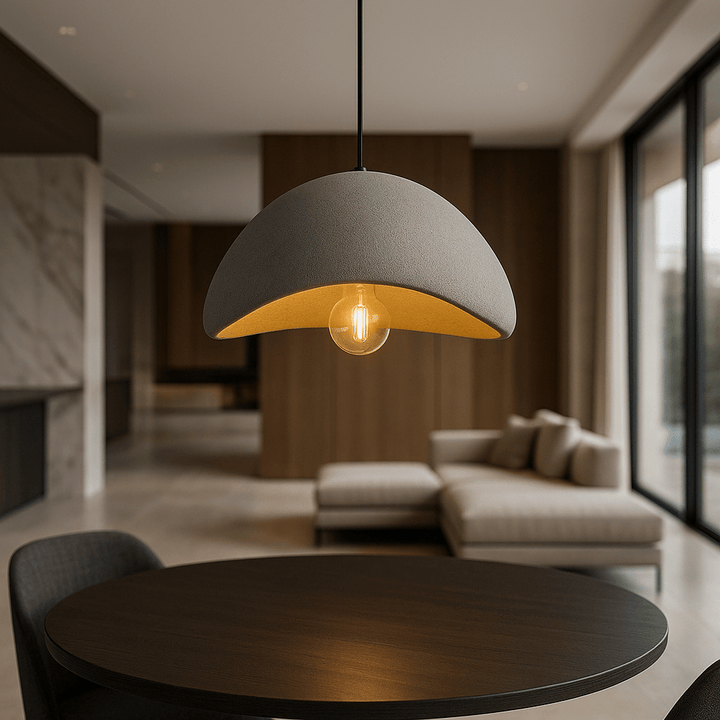 Adjustable height LED pendant light, dimmable, contemporary interior ceiling fixture for modern living rooms.