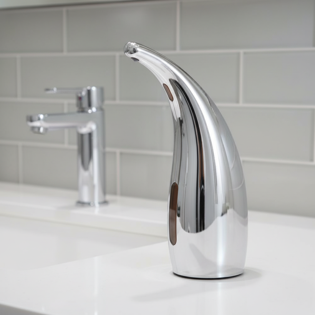 Modern automatic soap dispenser with sensor for touchless hygiene. Perfect for bathroom & kitchen.