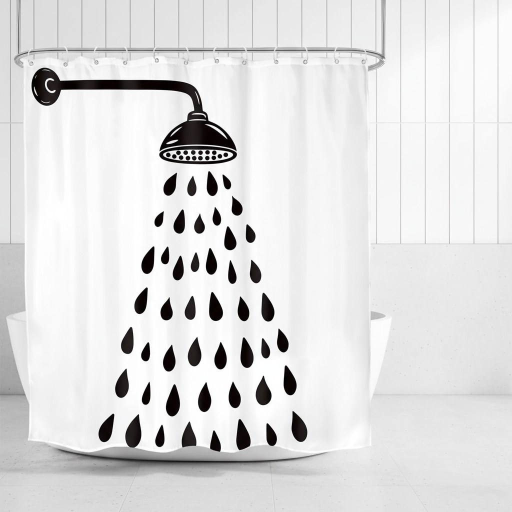 Modern black & white shower curtain with playful drop design for contemporary bathroom decor. Water-resistant polyester.