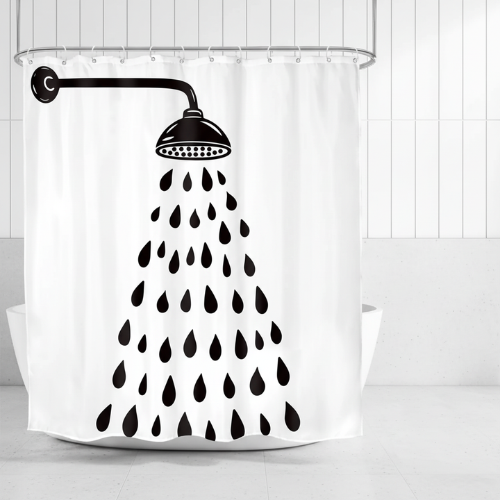 Modern black & white shower curtain with playful drop design for contemporary bathroom decor. Water-resistant polyester.