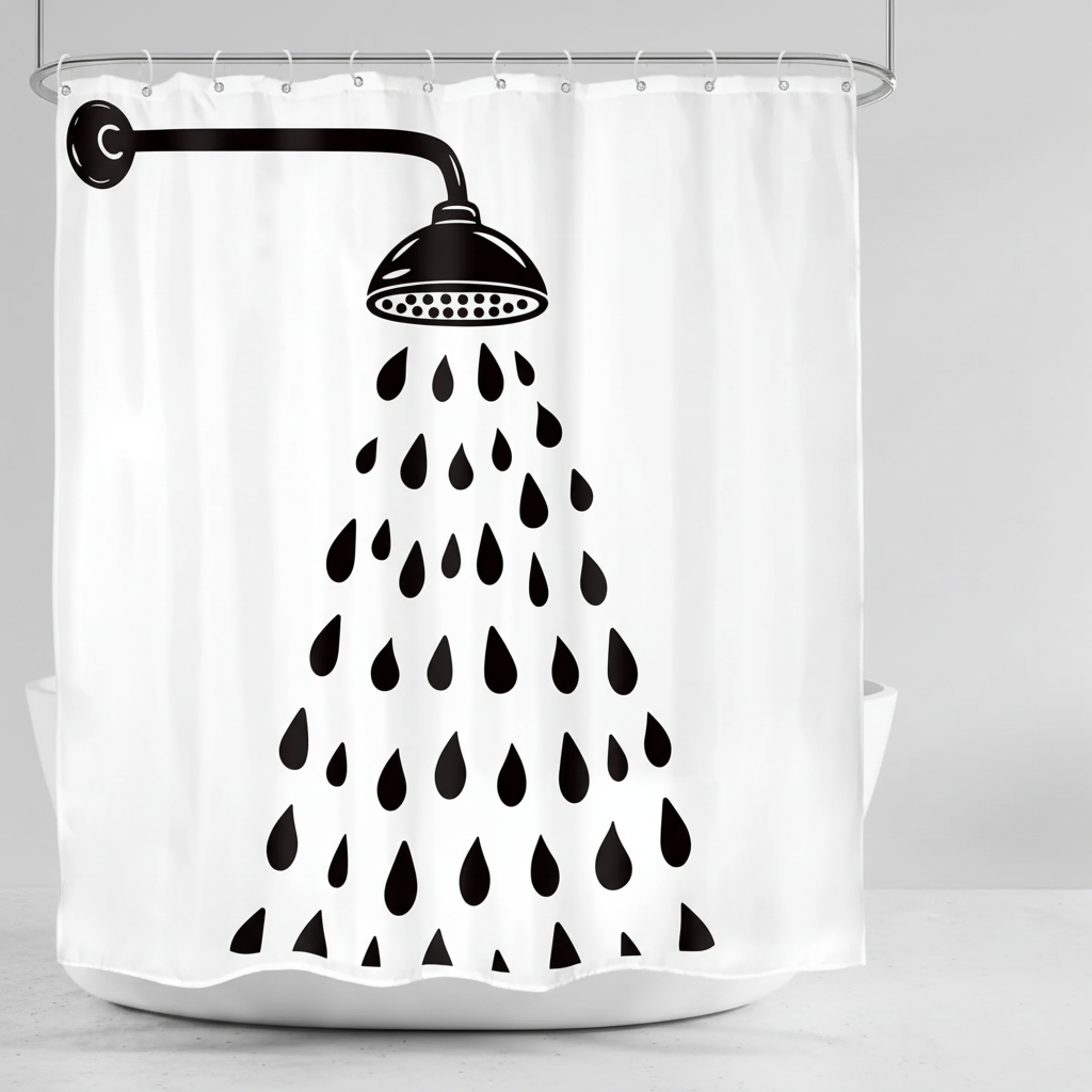 Minimalist Showerlyn polyester shower curtain featuring a stylish black & white drop pattern. Easy care, privacy.