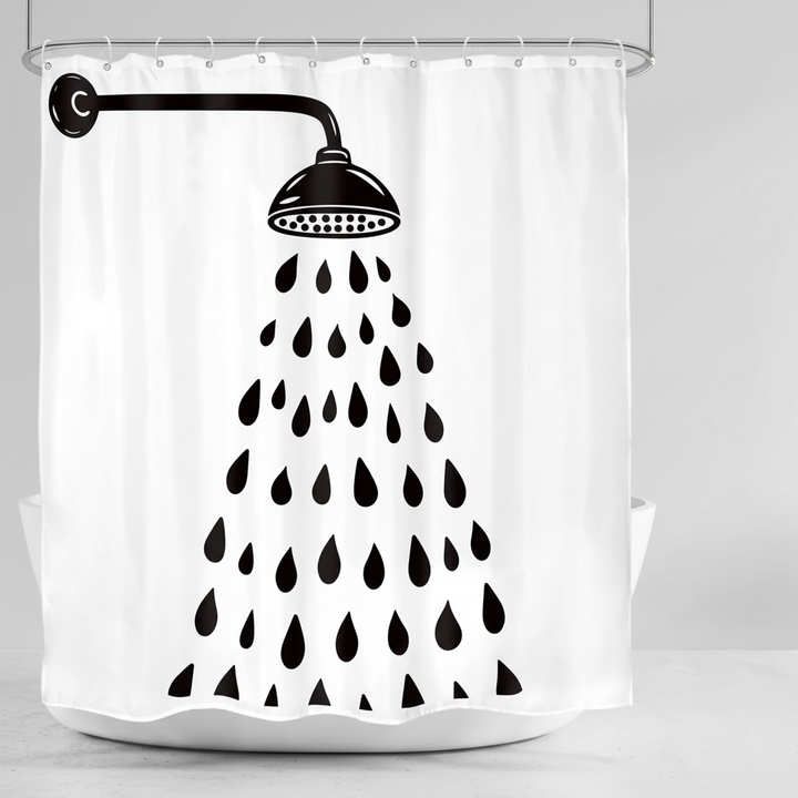 Minimalist Showerlyn polyester shower curtain featuring a stylish black & white drop pattern. Easy care, privacy.
