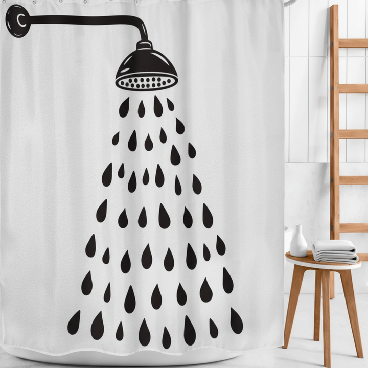 Contemporary bathroom decor with a unique drop design shower curtain. Black & white, water resistant, adds privacy.