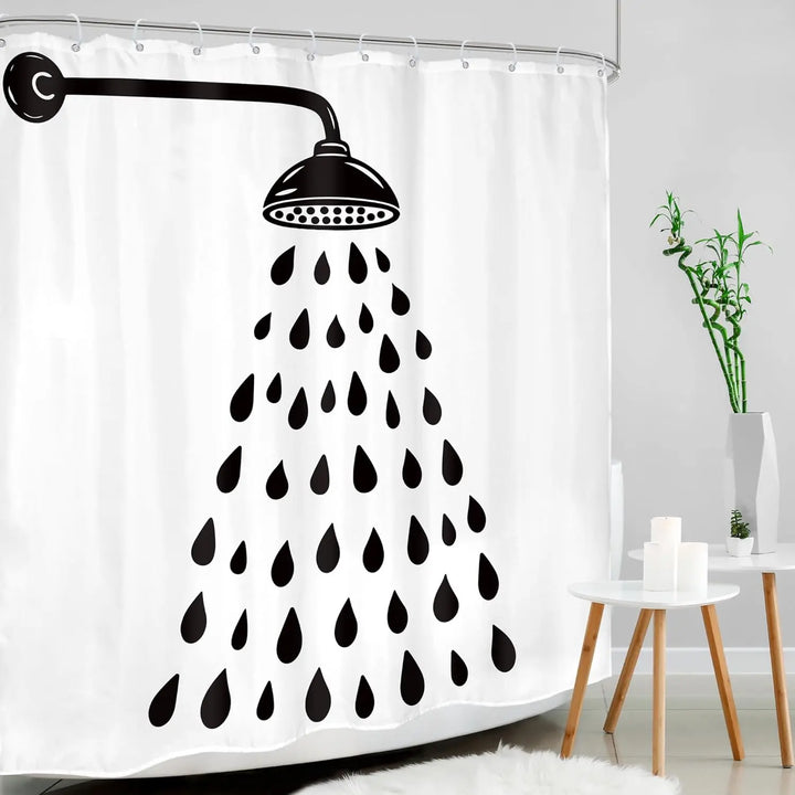 Modern black and white shower curtain with playful water drop design. Polyester bathroom decor, easy care & privacy.