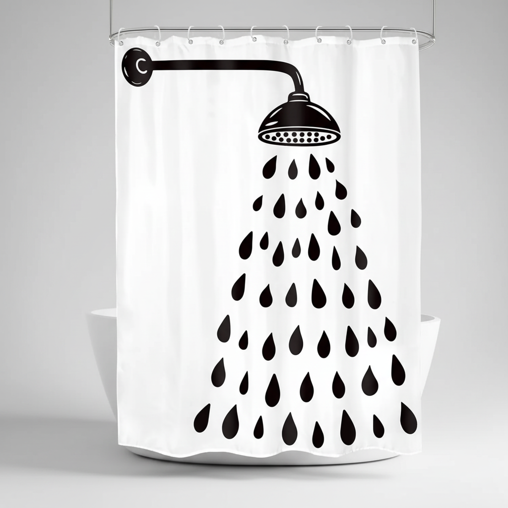 Stylish modern shower curtain, black & white drop pattern. Water-resistant polyester for elegant bathroom decor.