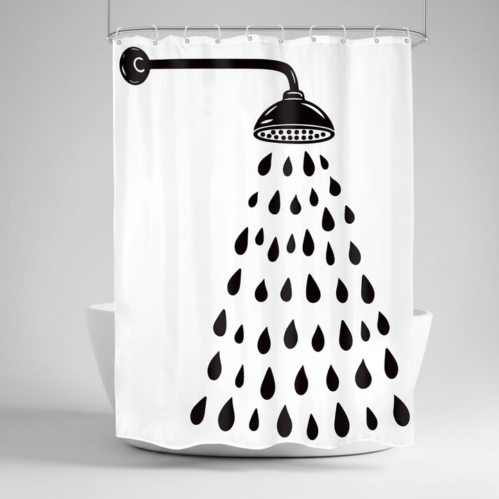 Stylish modern shower curtain, black & white drop pattern. Water-resistant polyester for elegant bathroom decor.