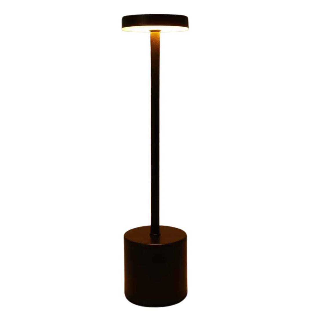 Modern black wireless LED table lamp with dimmable touch control for office or home. Rechargeable portable light.
