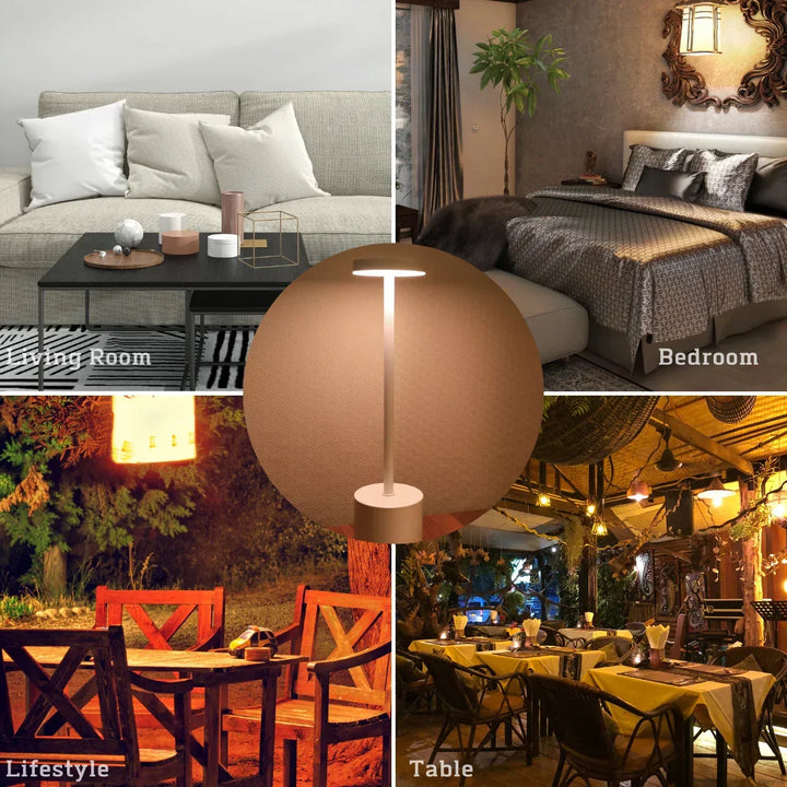 Stylish metal wireless LED table lamp, dimmable, rechargeable. Perfect modern accent for desks or ambient lighting.