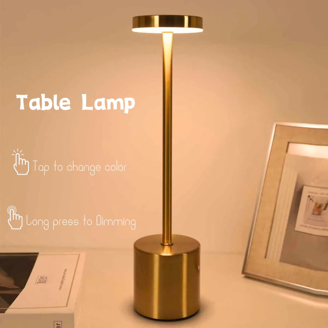 Dimmable wireless LED table lamp, modern design for home, office, and outdoor use. Rechargeable and portable lighting.