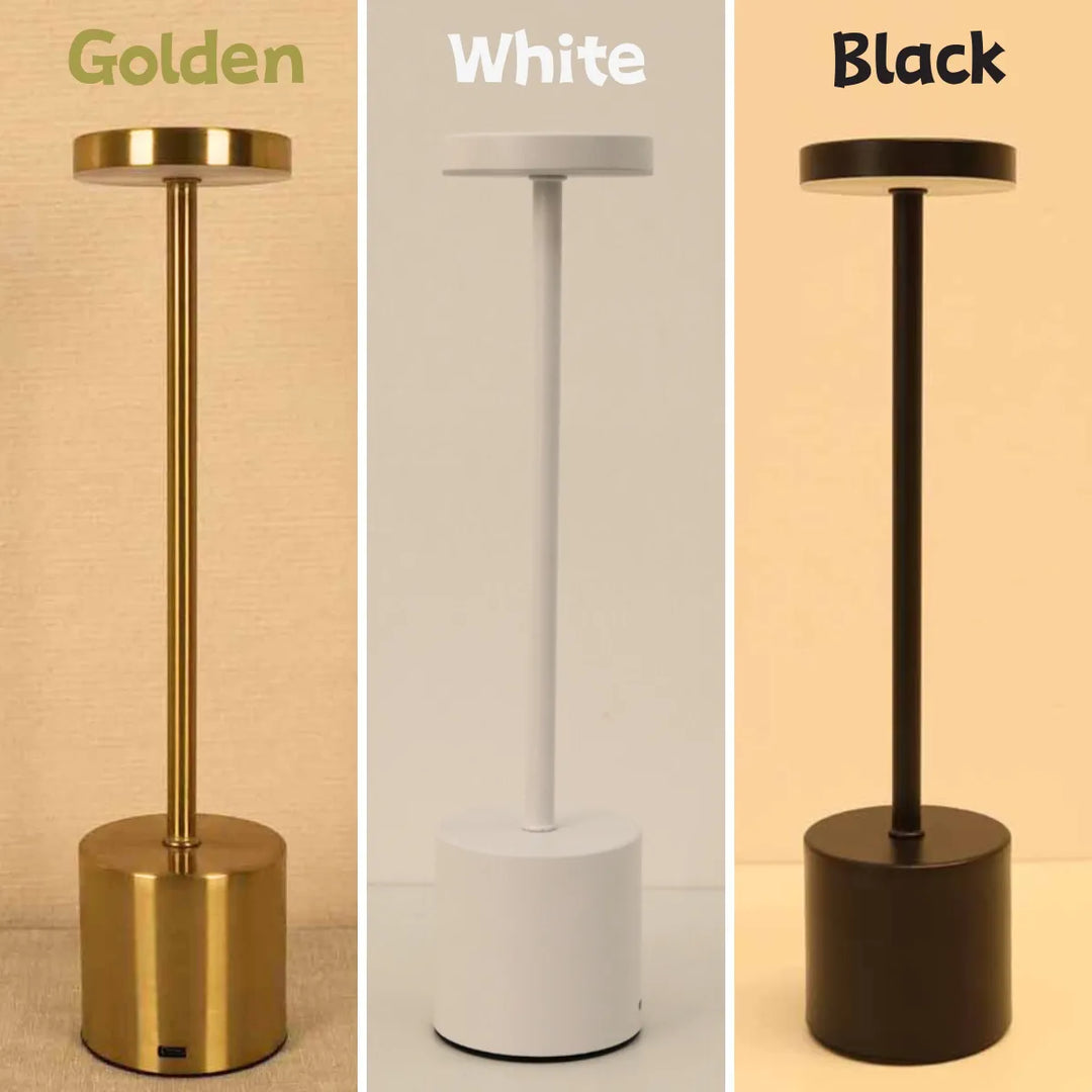 White LumiMetal wireless LED table lamp, dimmable touch control. Rechargeable for modern home or office desk lighting.