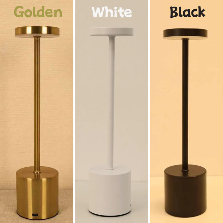 White LumiMetal wireless LED table lamp, dimmable touch control. Rechargeable for modern home or office desk lighting.