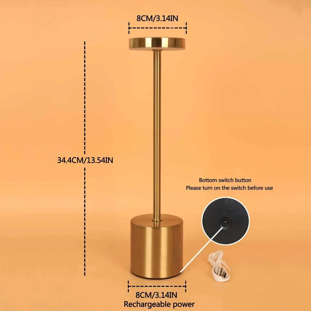 Modern wireless LED lamp, dimmable ambient lighting. Rechargeable and portable for office, bedroom, or outdoor use.