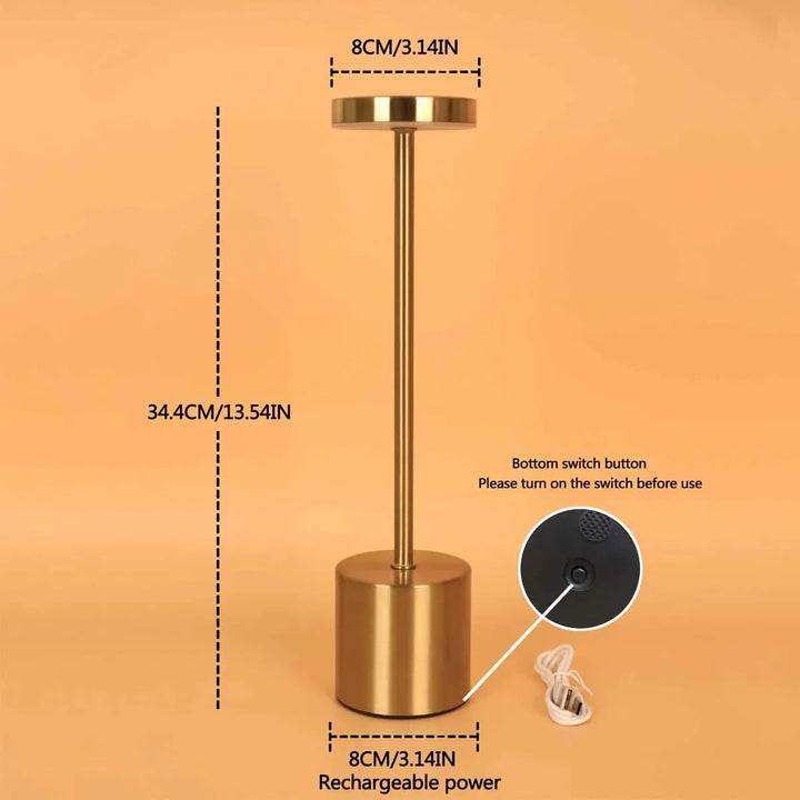 Modern wireless LED lamp, dimmable ambient lighting. Rechargeable and portable for office, bedroom, or outdoor use.