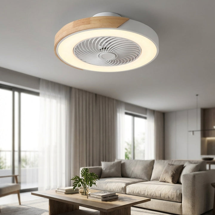 Modern bladeless ceiling fan with integrated LED light, quiet operation & remote control.