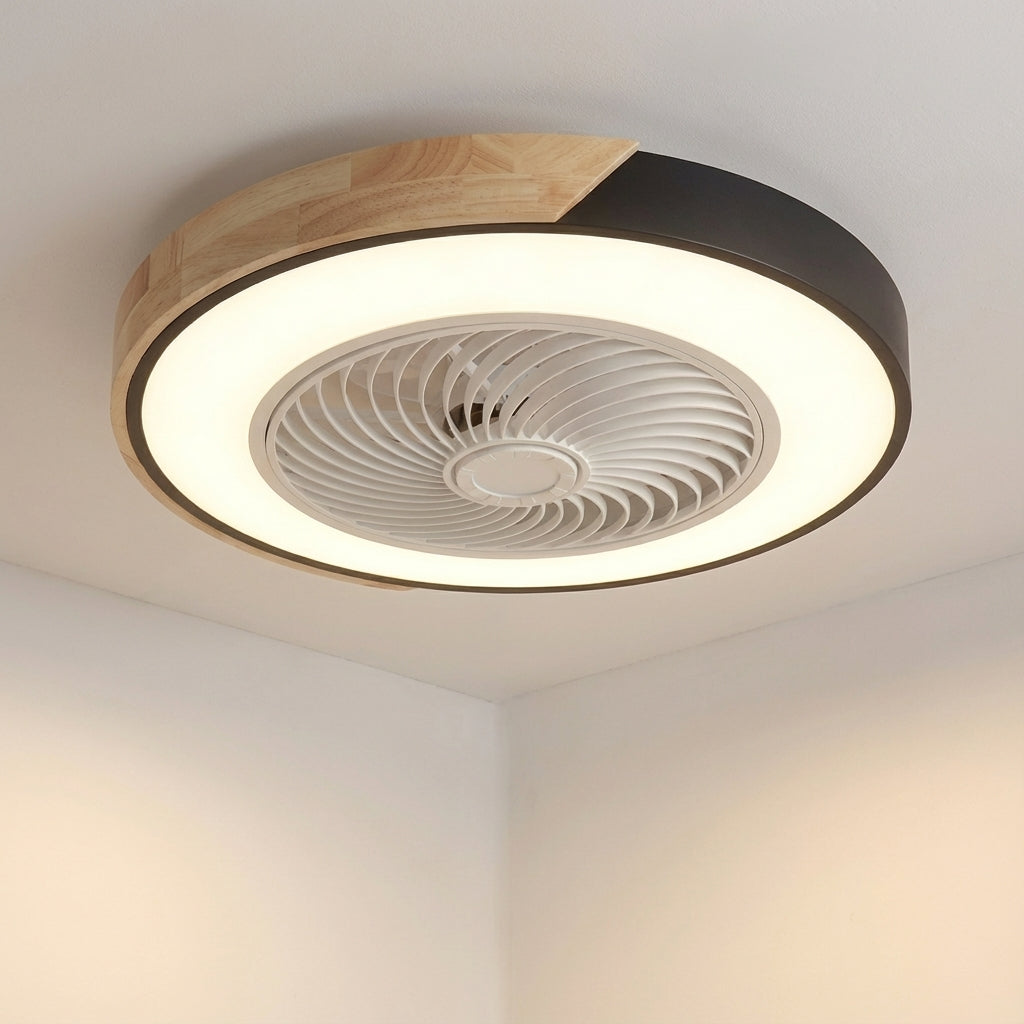Modern bladeless ceiling fan with LED light, remote control, suitable for various indoor home decor styles.