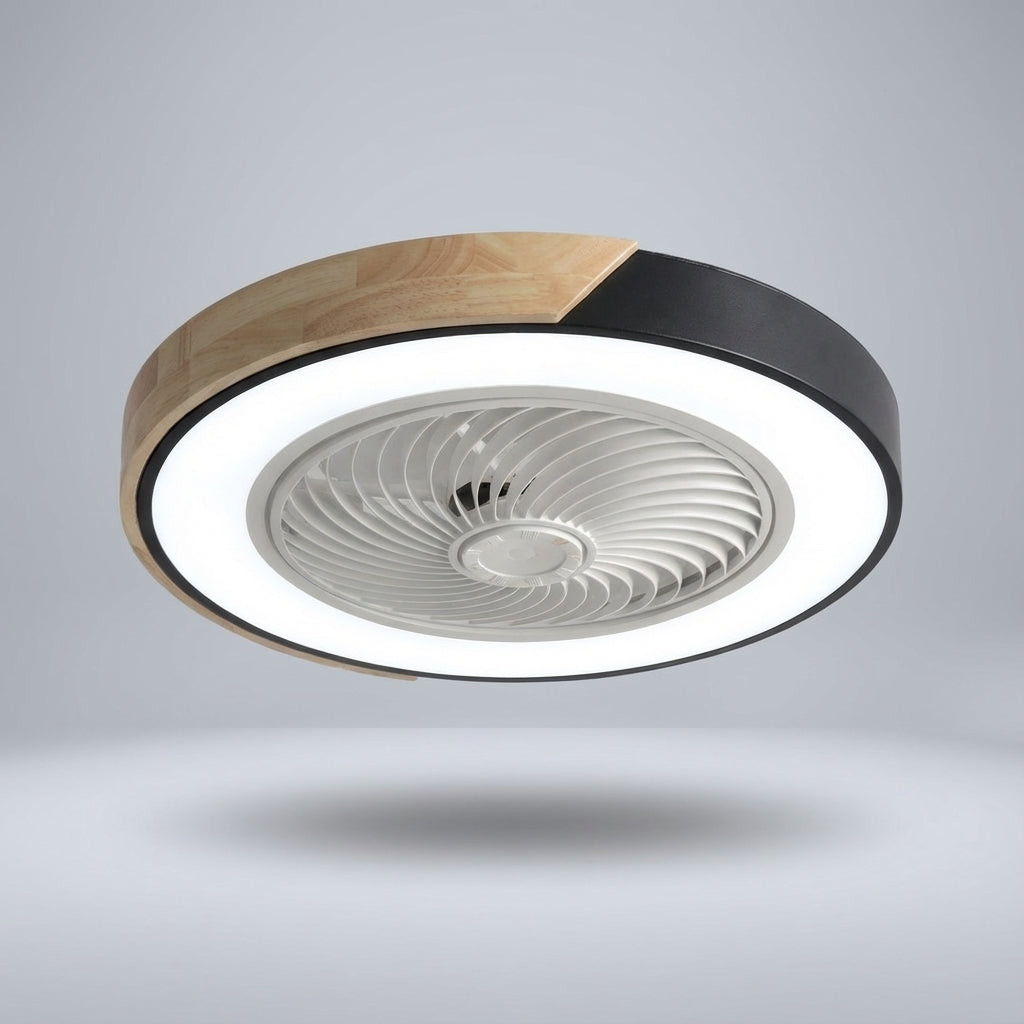 Energy-efficient bladeless ceiling fan with bright LED light, quiet operation & remote control.
