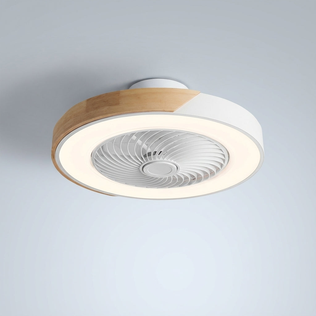Contemporary bladeless ceiling fan light fixture with dimmable LED, sleek design for modern homes.