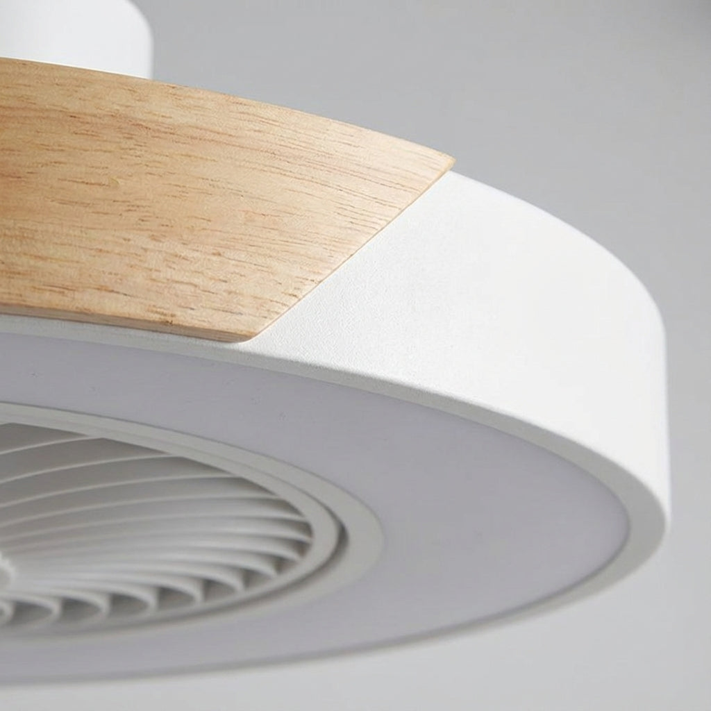 Quiet bladeless ceiling fan with LED lighting, remote control, powerful airflow for indoor comfort.