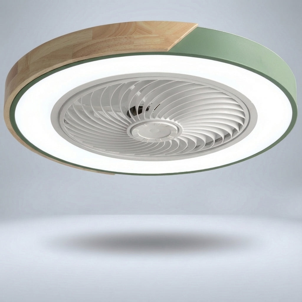 Bladeless ceiling fan with quiet LED light, offering efficient cooling and adjustable brightness via remote.