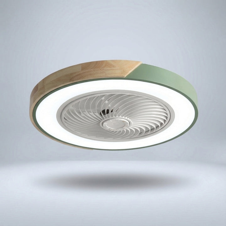Innovative bladeless ceiling fan with quiet LED light fixture, modern aesthetic for contemporary spaces.