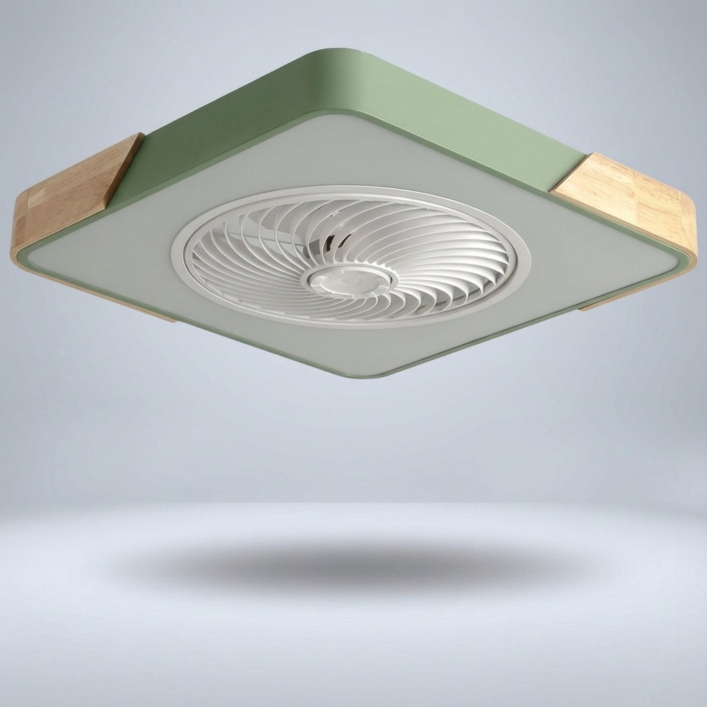 Integrated LED ceiling fan light, bladeless design, quiet, dimmable, brightens any modern room.