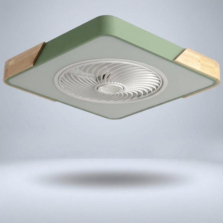 Integrated LED ceiling fan light, bladeless design, quiet, dimmable, brightens any modern room.