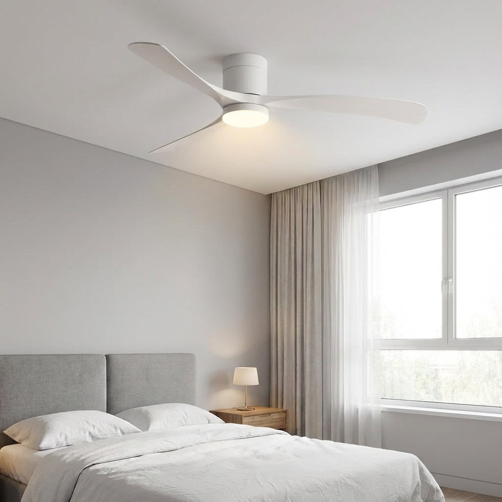 Modern ceiling fan with dimmable LED light. Stylish design for comfortable illumination & room ventilation.