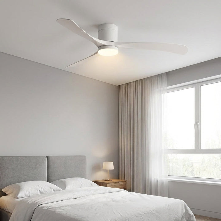 Modern ceiling fan with dimmable LED light. Stylish design for comfortable illumination & room ventilation.
