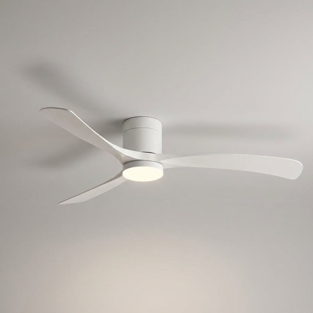 Energy-efficient modern ceiling fan with remote control, multi-speed, & reversible airflow for home comfort.
