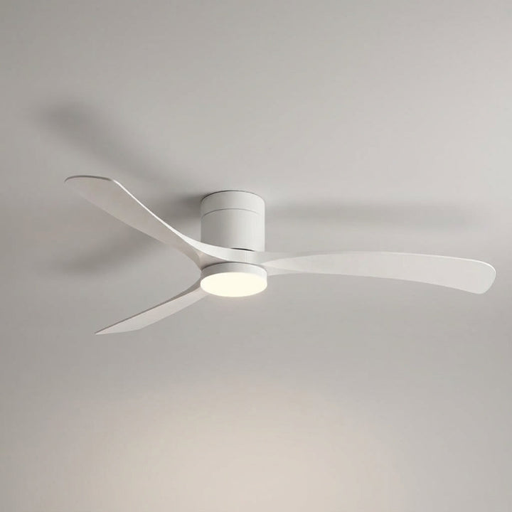 Energy-efficient modern ceiling fan with remote control, multi-speed, & reversible airflow for home comfort.