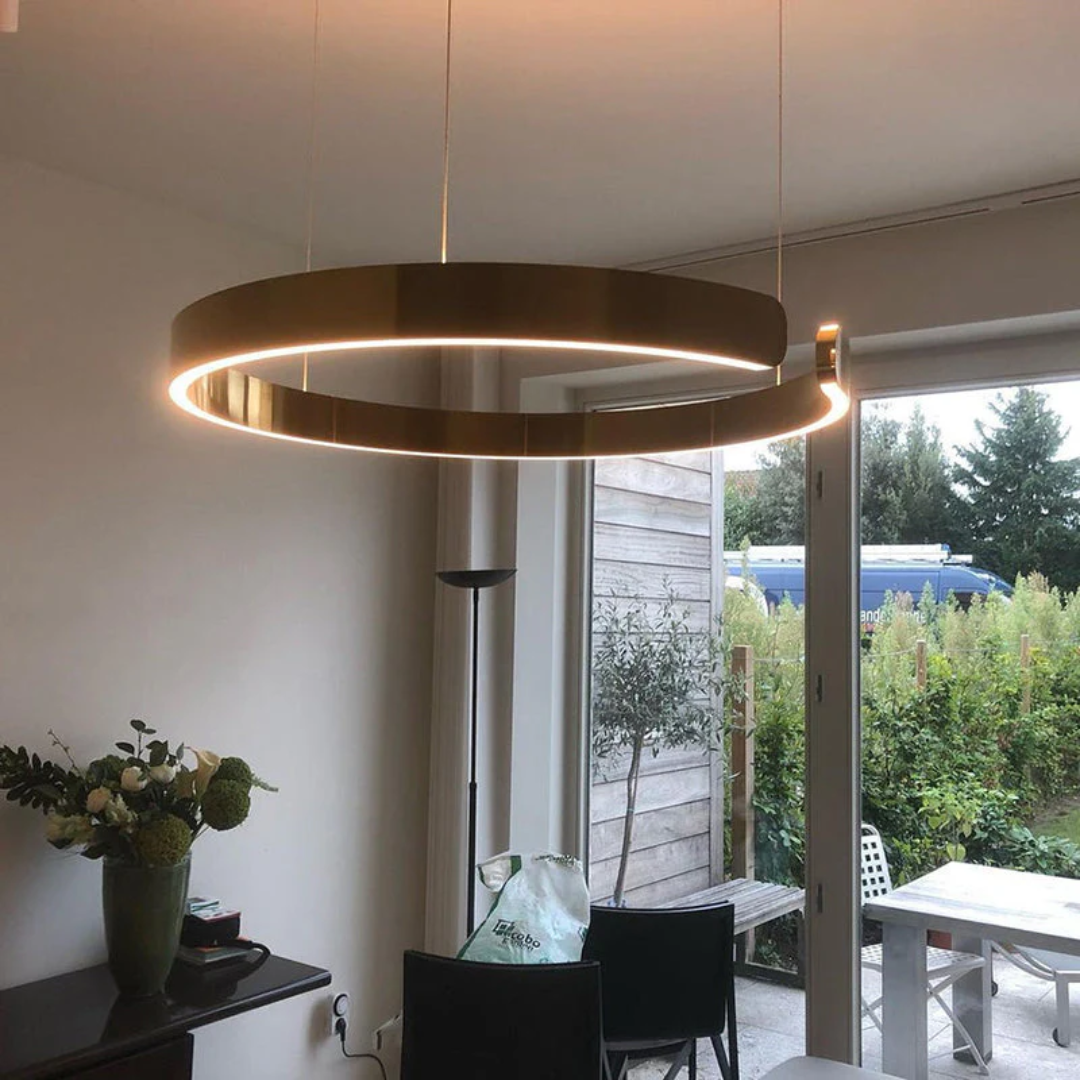 Modern circular LED pendant light, dimmable & energy-efficient. Perfect for dining room or contemporary living spaces.