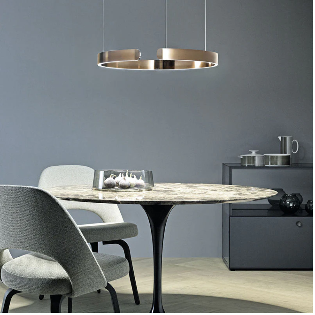 Sleek black dimmable LED circular ceiling light. Modern pendant fixture for stylish dining rooms & sophisticated home decor.