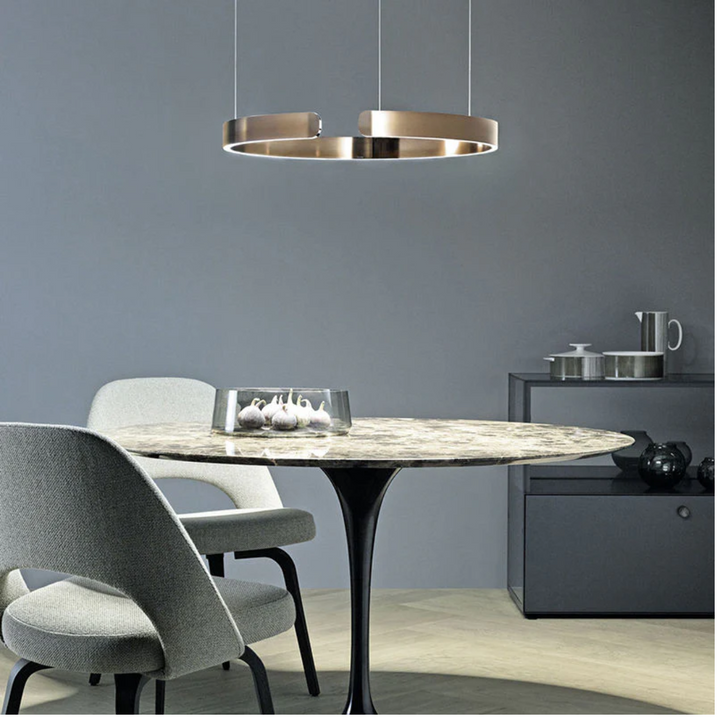 Sleek black dimmable LED circular ceiling light. Modern pendant fixture for stylish dining rooms & sophisticated home decor.