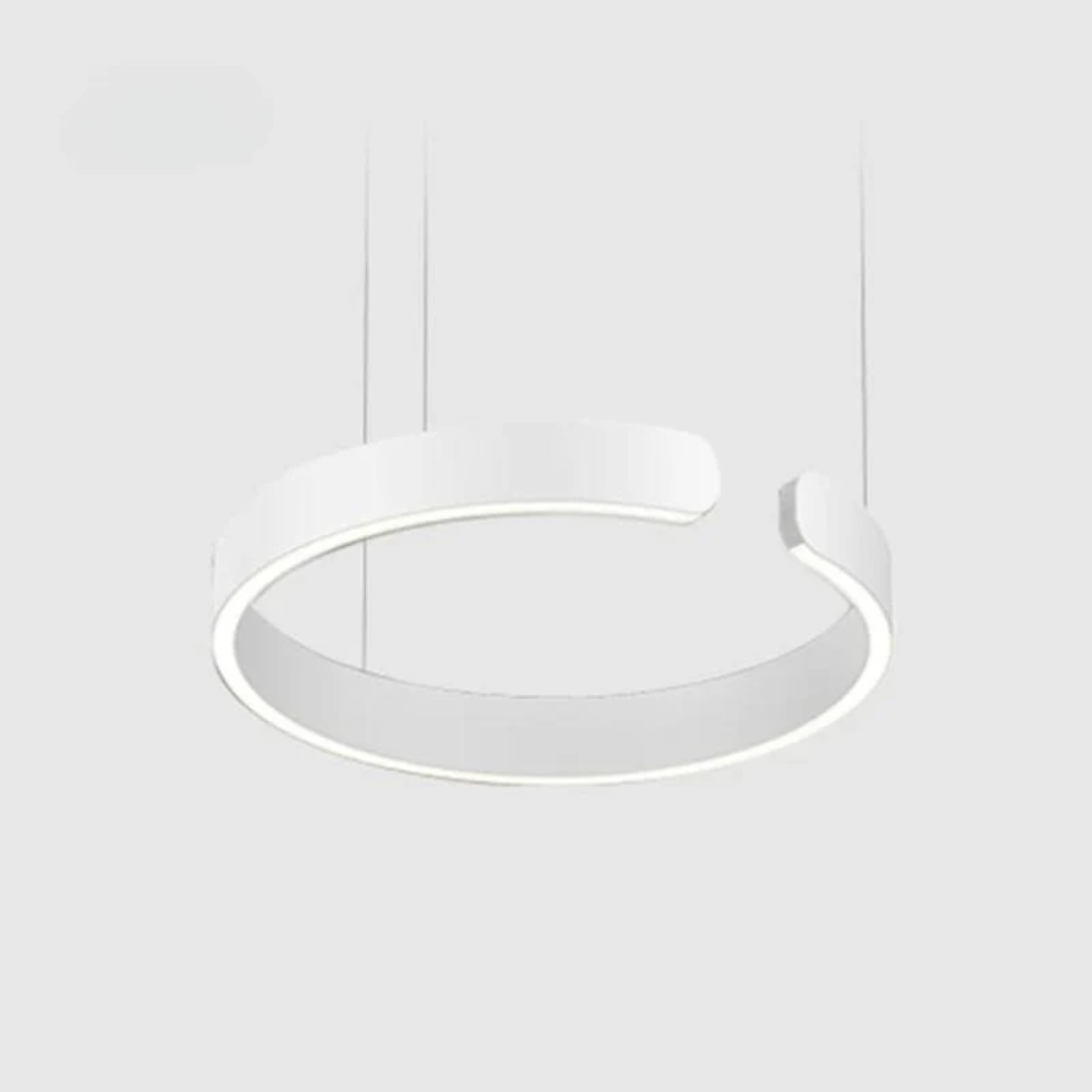 Elegant white circular LED pendant light. Versatile modern lighting, ideal for dining, living rooms, or open-plan kitchens.