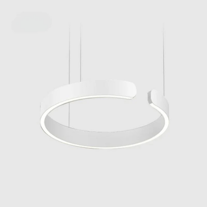 Elegant white circular LED pendant light. Versatile modern lighting, ideal for dining, living rooms, or open-plan kitchens.
