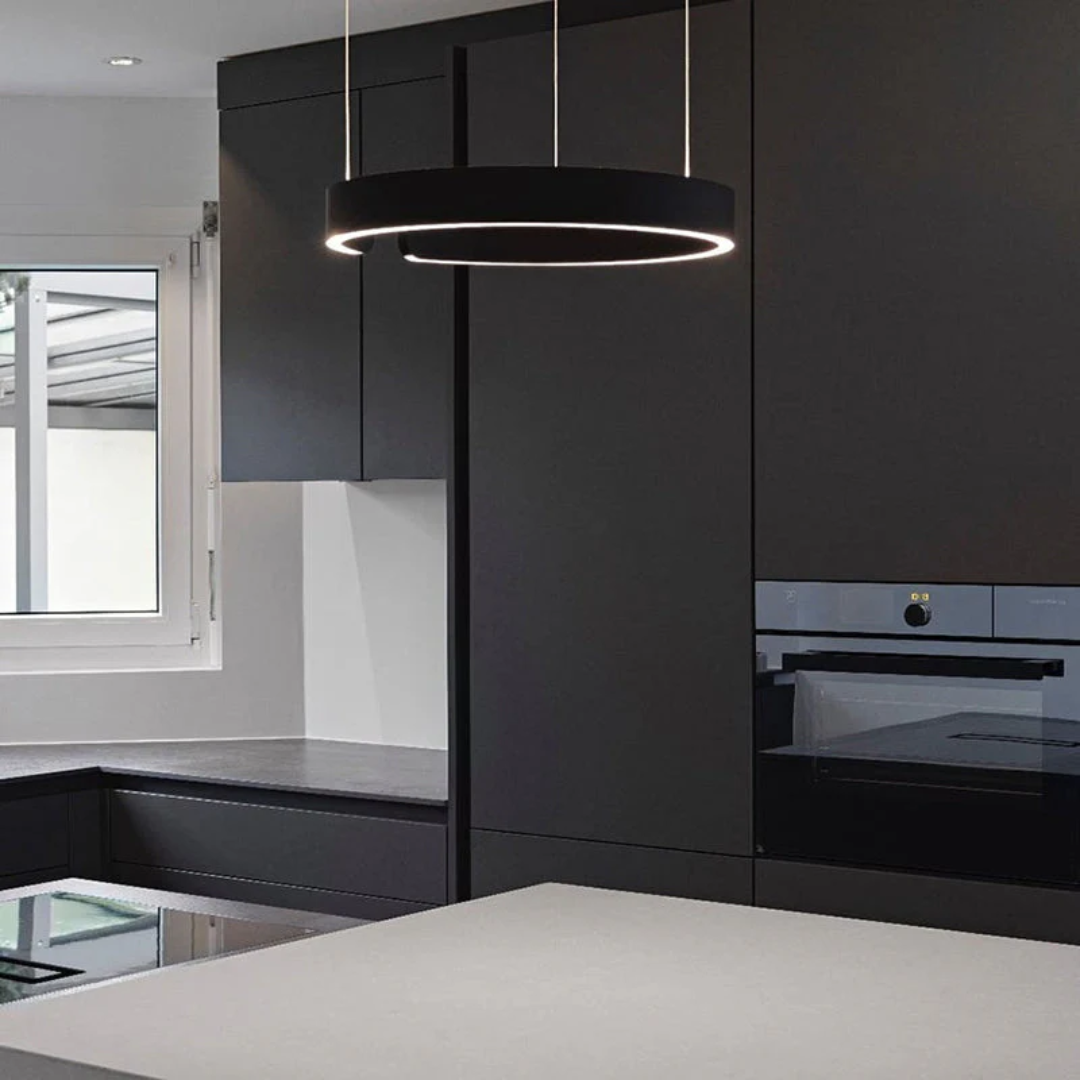 Rose gold energy-efficient circular LED pendant. Stylish modern lighting fixture, a stunning focal point for any interior.