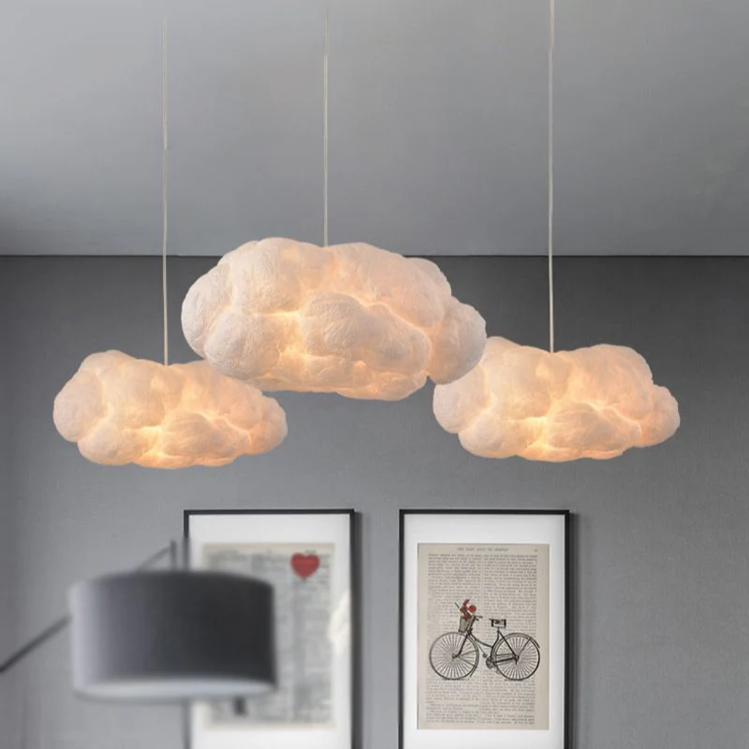 Modern cloud LED pendant light, white PVC/cotton, perfect for living room decor.