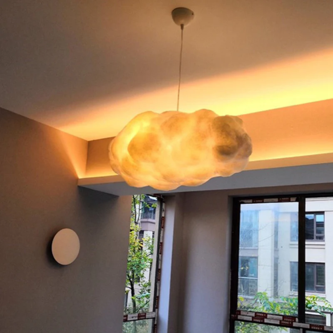 Elegant cloud LED hanglamp, PVC/cotton material, bright illumination for any room.